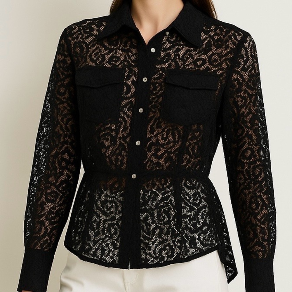 🆕 Chelsea Flower Shirt Jacket Lace Mother of Pearl Buttons New Year’s Eve BLK S